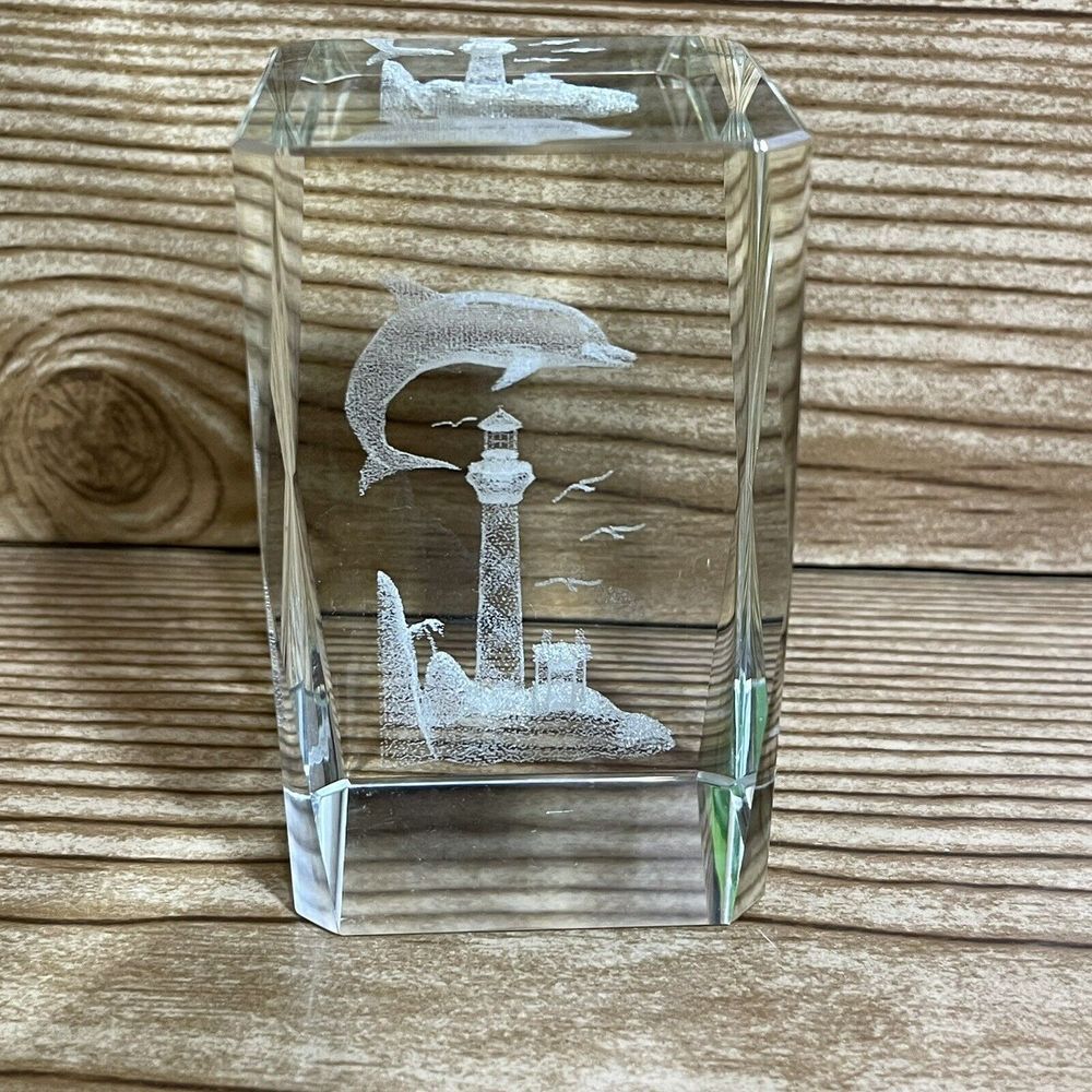 Crystal 3-D Etched Laser Cut Paperweight Dolphin‎ Lighthouse Paper Weight 3-1/4"